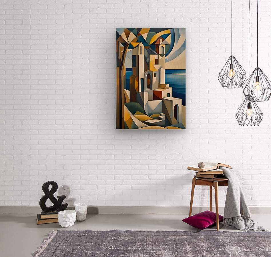 Cubist architectural canvas painting with geometric arches and blue sea tones
