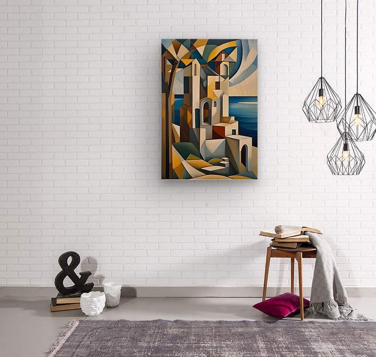 Cubist architectural canvas painting with geometric arches and blue sea tones