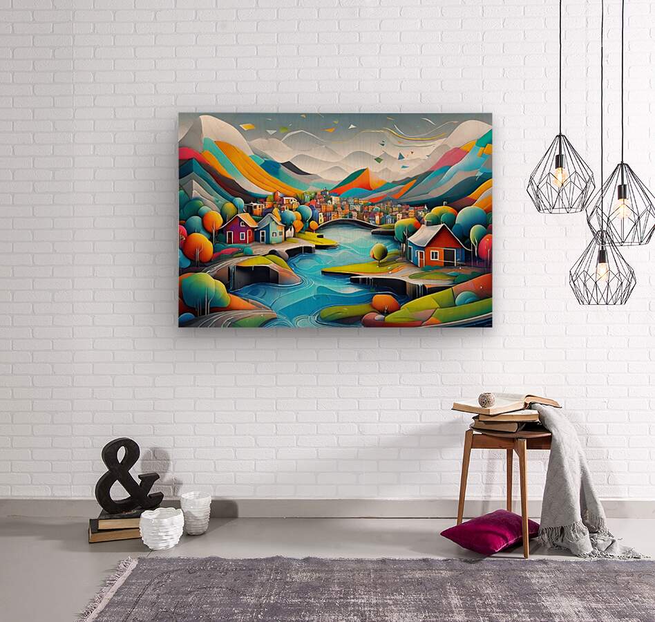 Framed landscape art print on a white wall with a colorful village and flowing blue river.