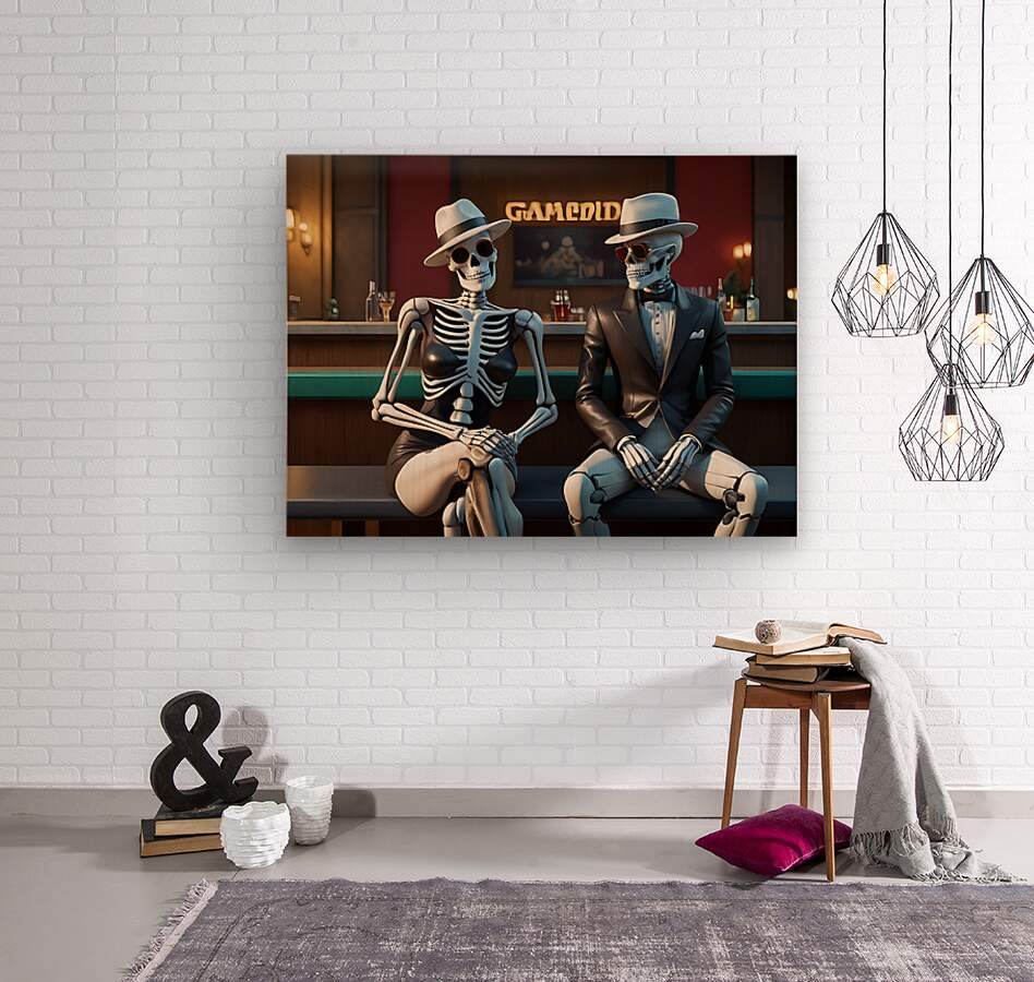 Skeleton duo wall art hanging indoors: two seated skull figures with blue hats and formal outfits.