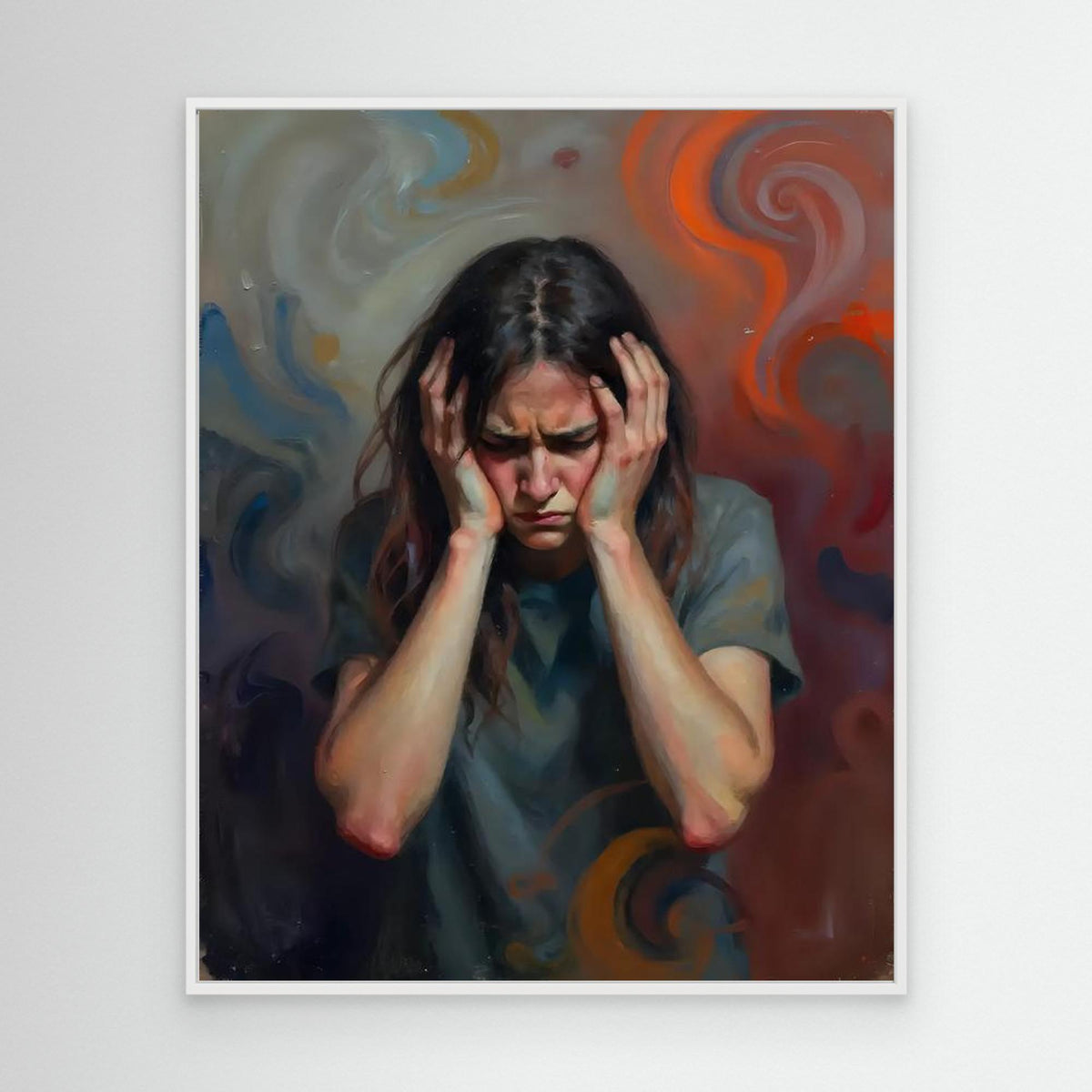 White-framed wall art portrait painting of a woman holding her head, dark hair and swirls.