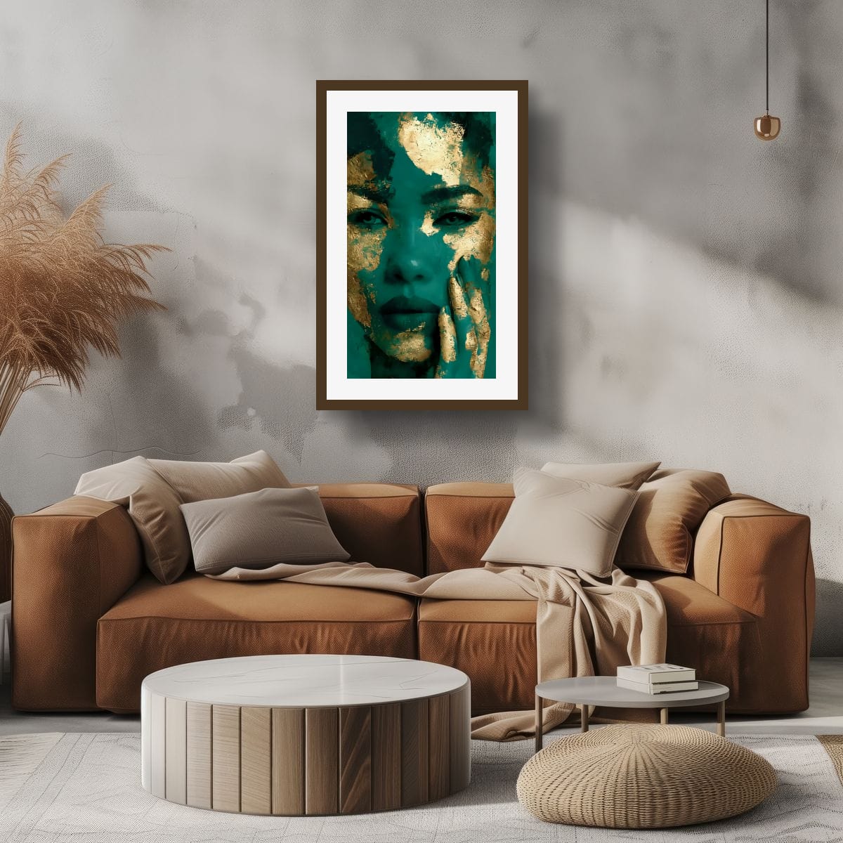 Framed teal and gold textured portrait wall art with face close-up.