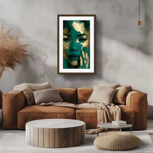 Framed teal and gold textured portrait wall art with face close-up.