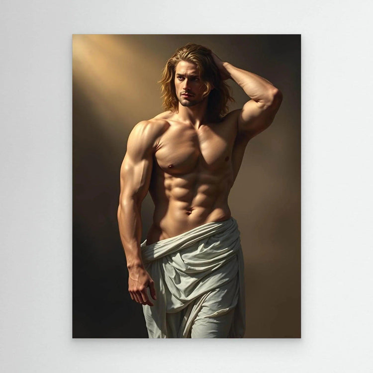 Framed portrait print of shirtless long-haired man, posed with light cloth draped at waist.