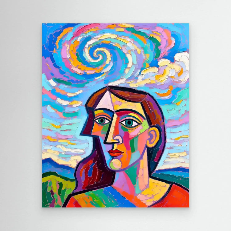 Framed colorful cubist-style portrait artwork with swirl sky and stylized face
