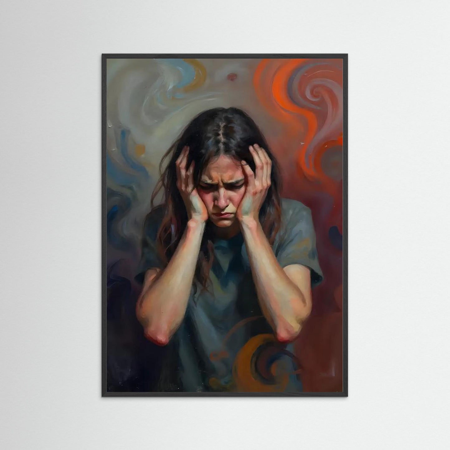 Contemplative Woman Amidst Swirling Colors