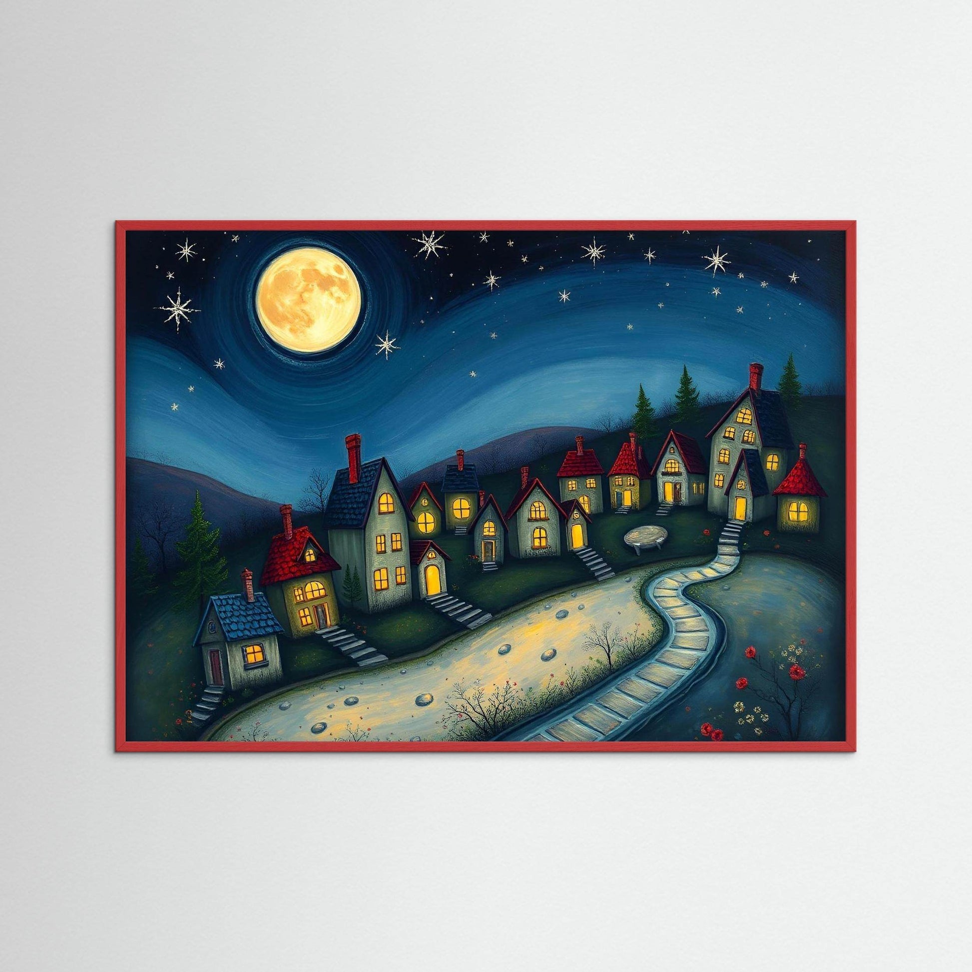 Dreamlike Village 13 - Contemporary-Folk-Art-Moonlit-Serene - Esmonbijouart 