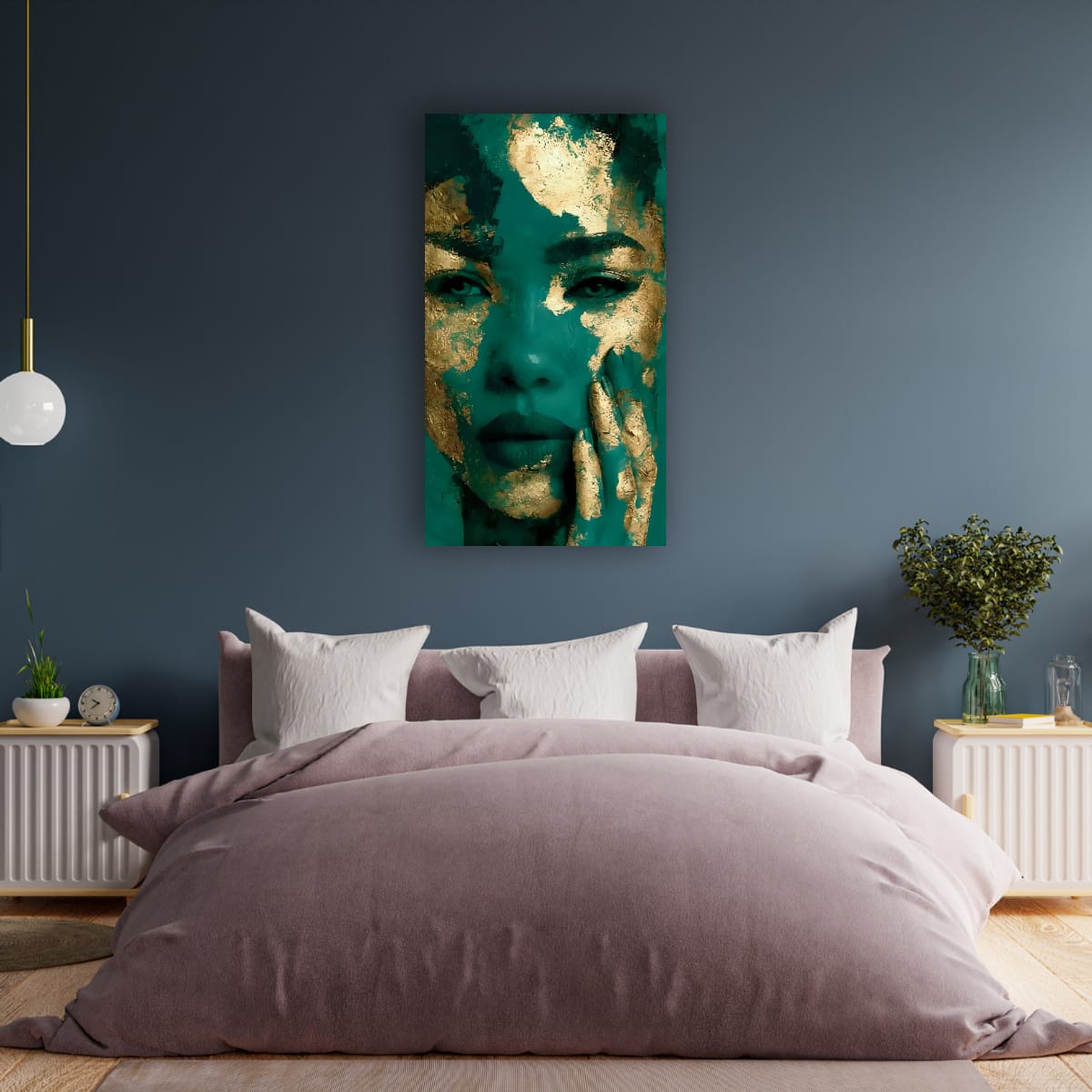 Teal and gold textured portrait wall art, unframed, face close-up design.