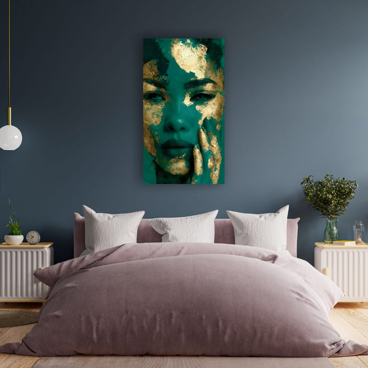 Teal and gold textured portrait wall art, unframed, face close-up design.