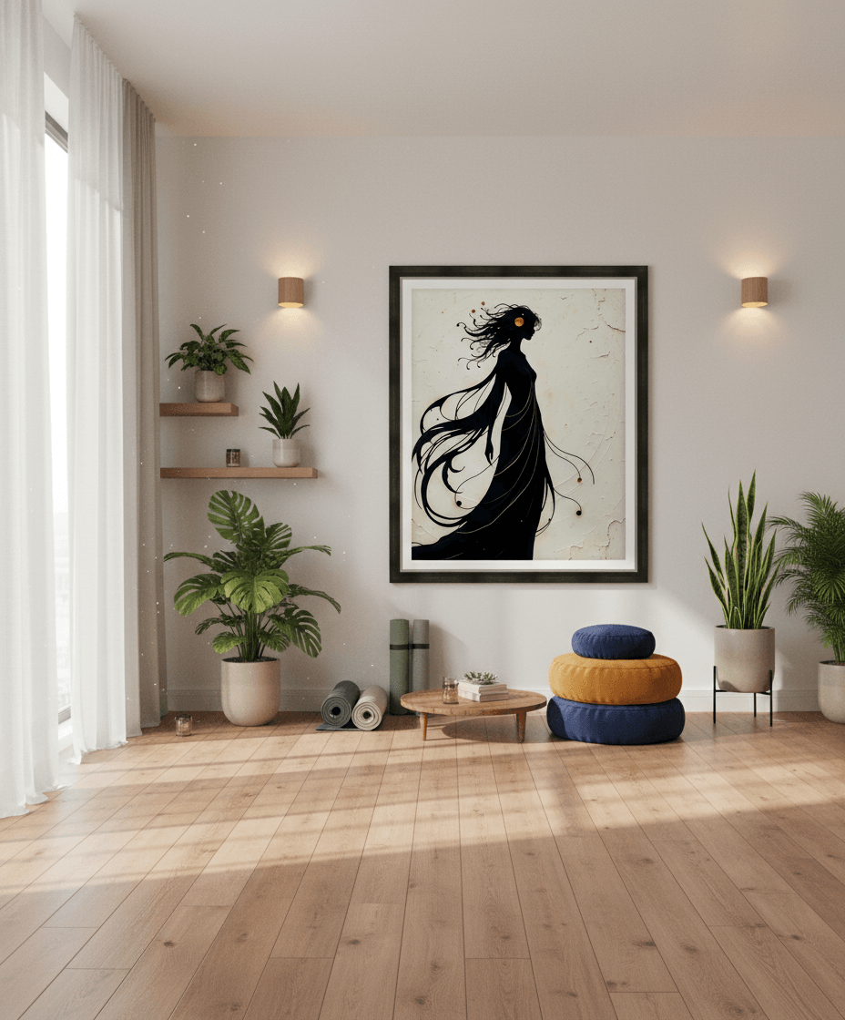 Framed silhouette artwork of a woman with flowing black hair on off-white