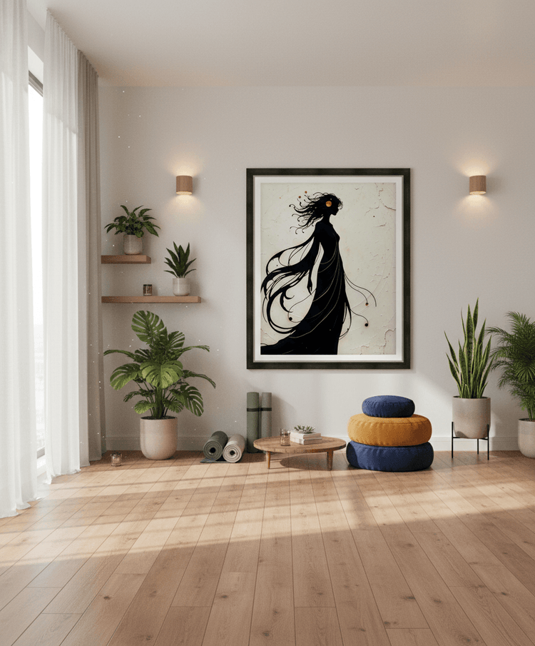 Framed silhouette artwork of a woman with flowing black hair on off-white
