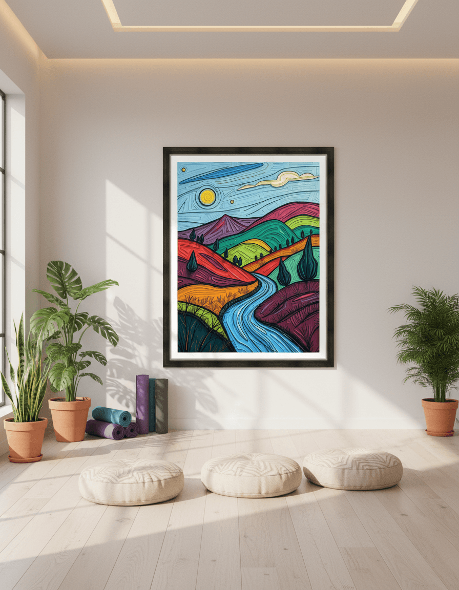 Framed abstract landscape print with blue stream and vibrant magenta, green mountain ridges