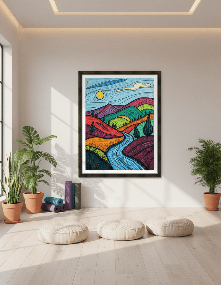 Framed abstract landscape print with blue stream and vibrant magenta, green mountain ridges