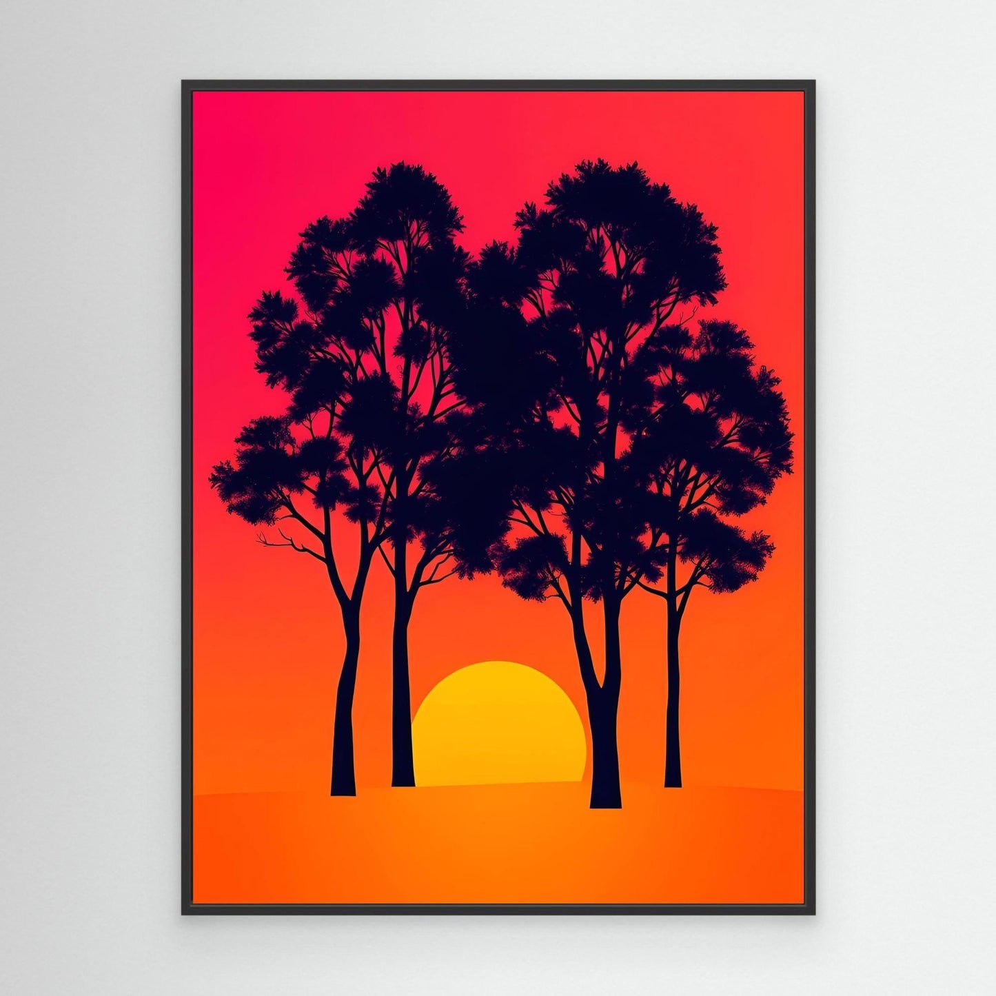 Tree silhouette wall art print with dark trees and yellow sun, black frame