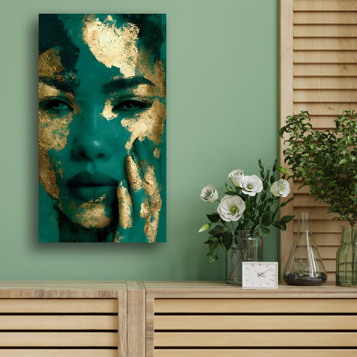 Teal and gold textured portrait wall art of a face, set against green wall.