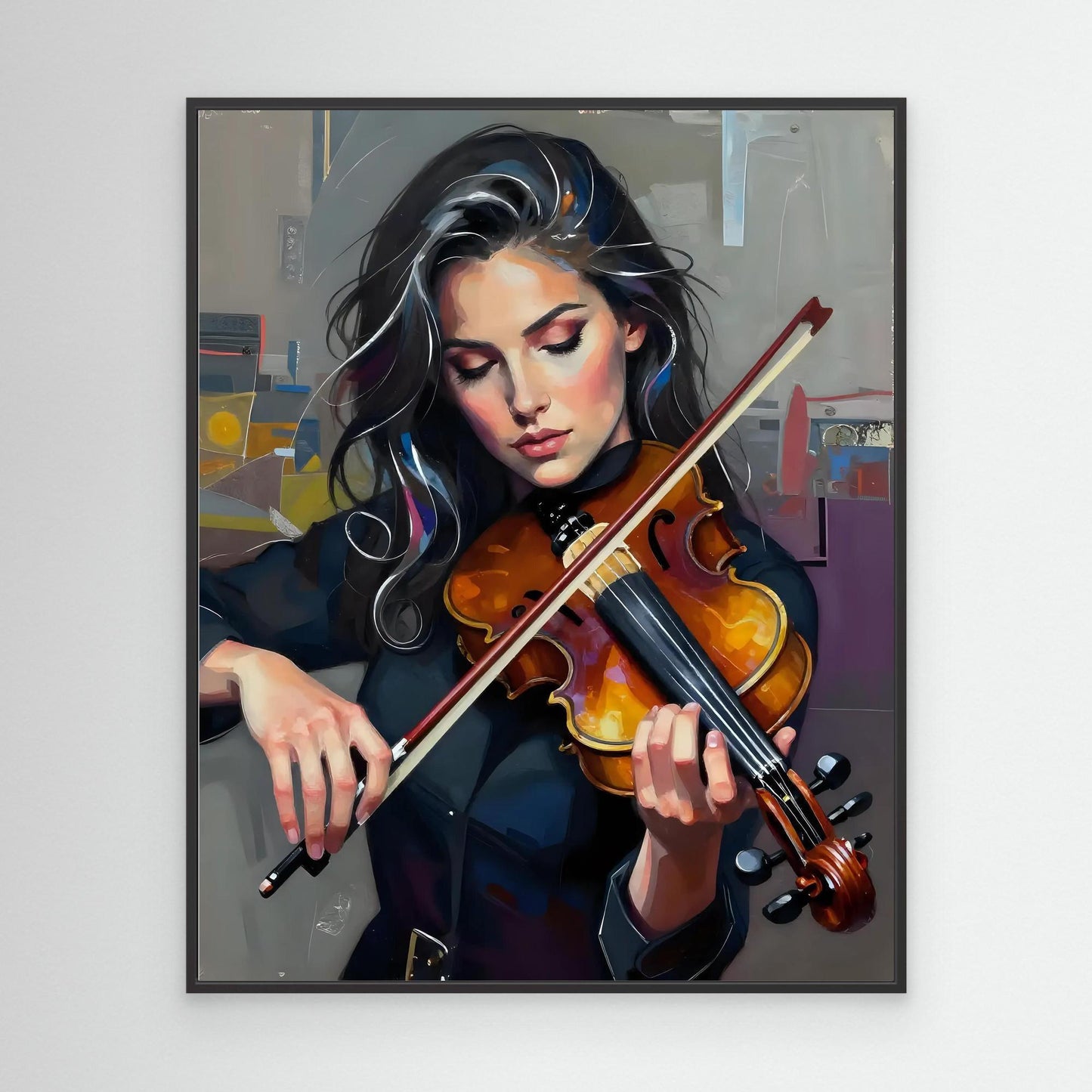 Black-framed print of young woman playing violin, long dark hair and orange-brown violin