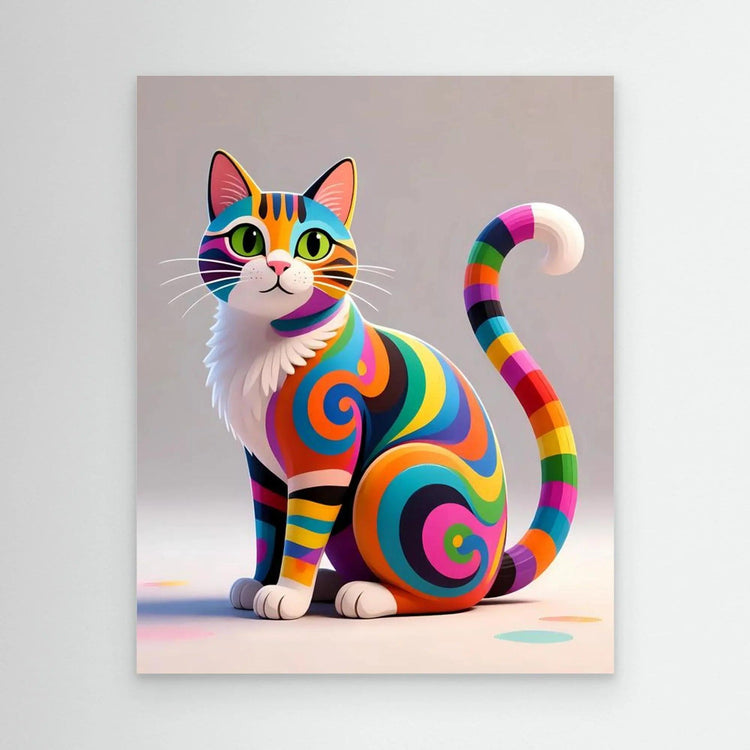 Colorful cat canvas wall art, curled rainbow-swirl cat illustration