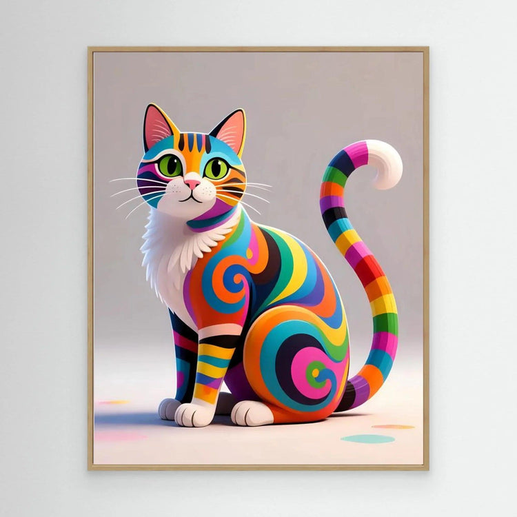 Colorful cat wall art in oak frame, curled rainbow-swirl cat illustration