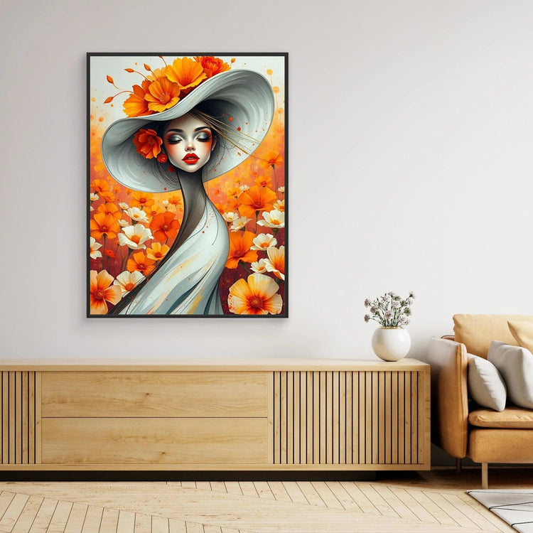 Black-framed floral portrait of a woman in a light blue dress with orange and white blooms
