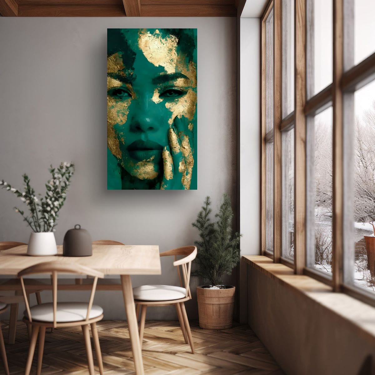 Teal and gold textured face portrait wall art on green wall, unframed view.